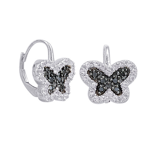 Sterling Silver Butterfly Earrings with White Topaz and Black Diamonds