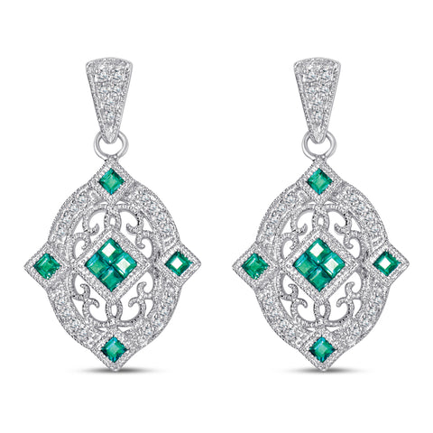 Sterling Silver Hanging Earrings with Emerald and Diamond