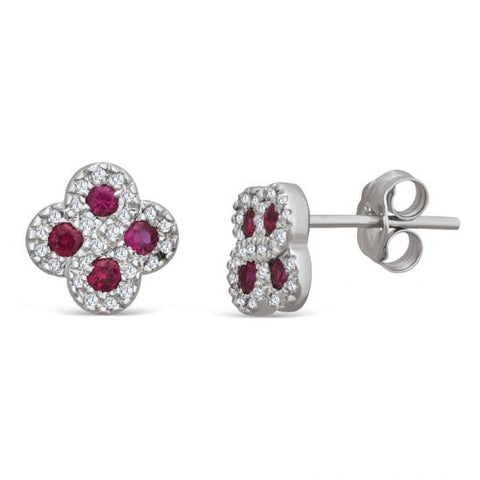 Sterling Silver Stud Earrings with Ruby and Diamond
