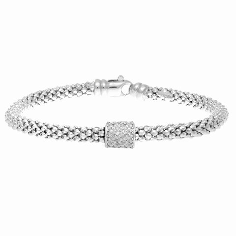 Silver 7 inches Rhodium Finish 4.5mm Popcorn Bracelet with Lobster Clasp+1 Station Barrel with 14- -0.10ct White Diamond  inches Collection