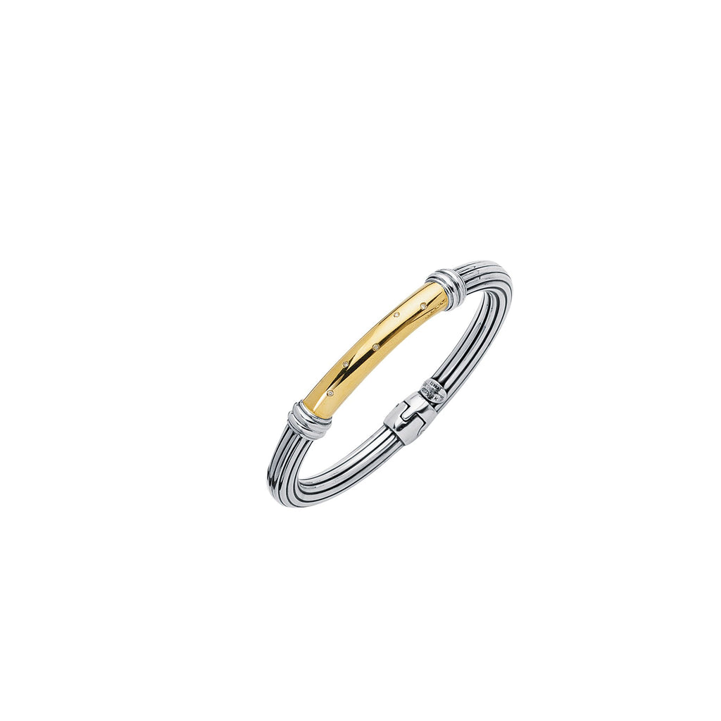 0.05ct. Diamond 18kt Yellow Gold+Sterling Silver Oxidized 7.5 inches Ridged Sides+Shiny Diamond Embedded Center Section Bangle.  inchesItal ian Cable inches Collection.