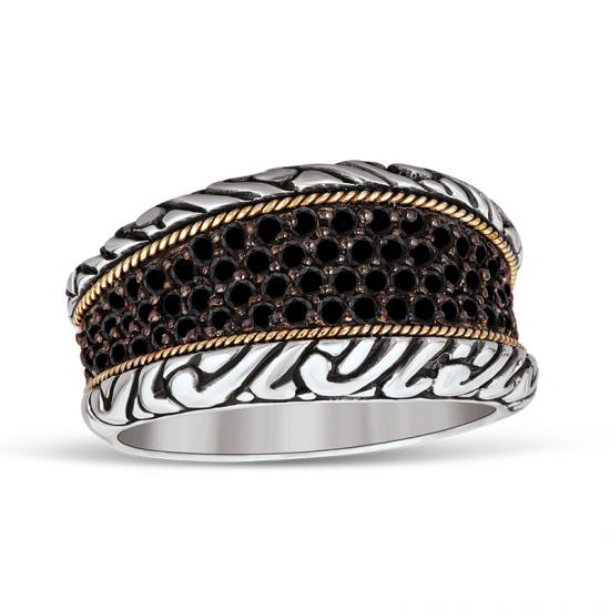 18kt Gold and Sterling Silver Ring with Black Diamonds