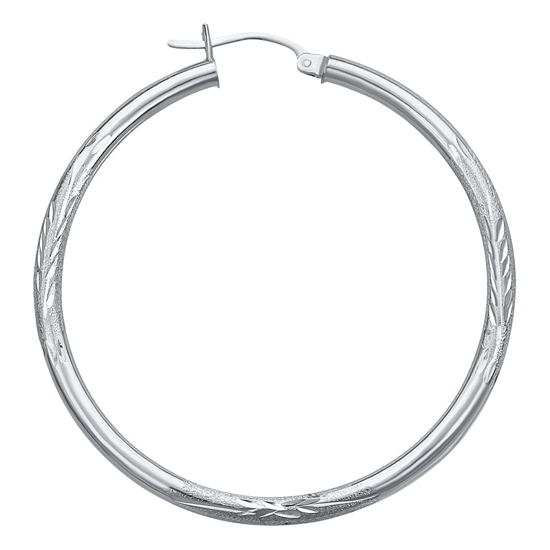 14K White Gold Satin Hoop Earrings- 3/4 Inch
