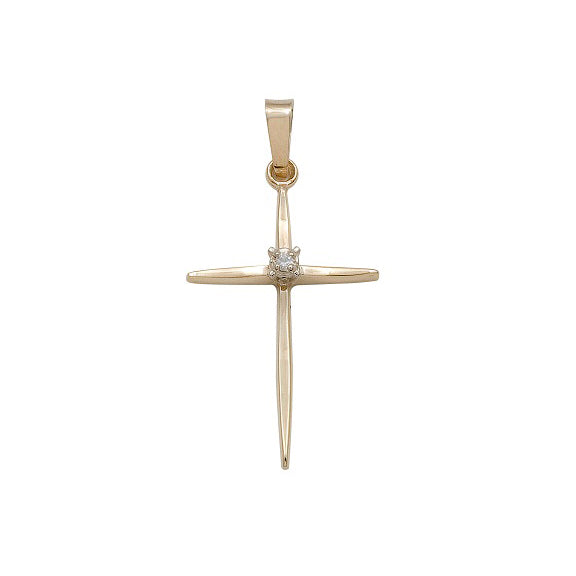 14kt Yellow Gold Cross - Diamond - Solid - 1" x 1/2"