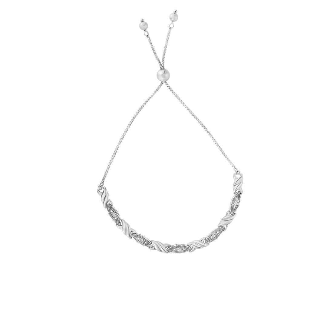 Silver 9.25 inches with Rhodium Finish 4.6mm Shiny Fancy Adjustable Bracelet with Draw String Clasp+0.0863ct White Diamond