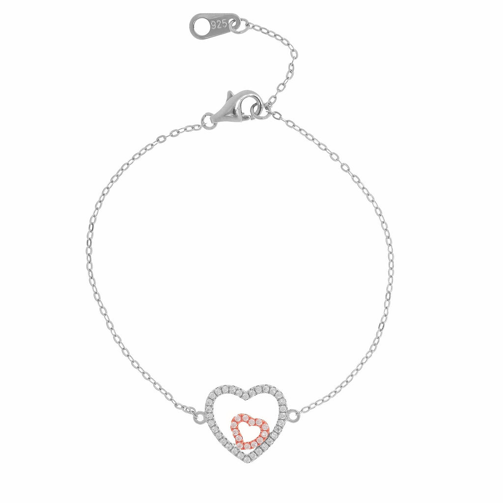 Silver 7.75 inches Rhodium+Rose Finish Shiny 13.7x14.2mm Double (White+Rose)Open Heart Charm Studdeded wit h Micropave White Cubic Zirconia Anchored On 1.3mm