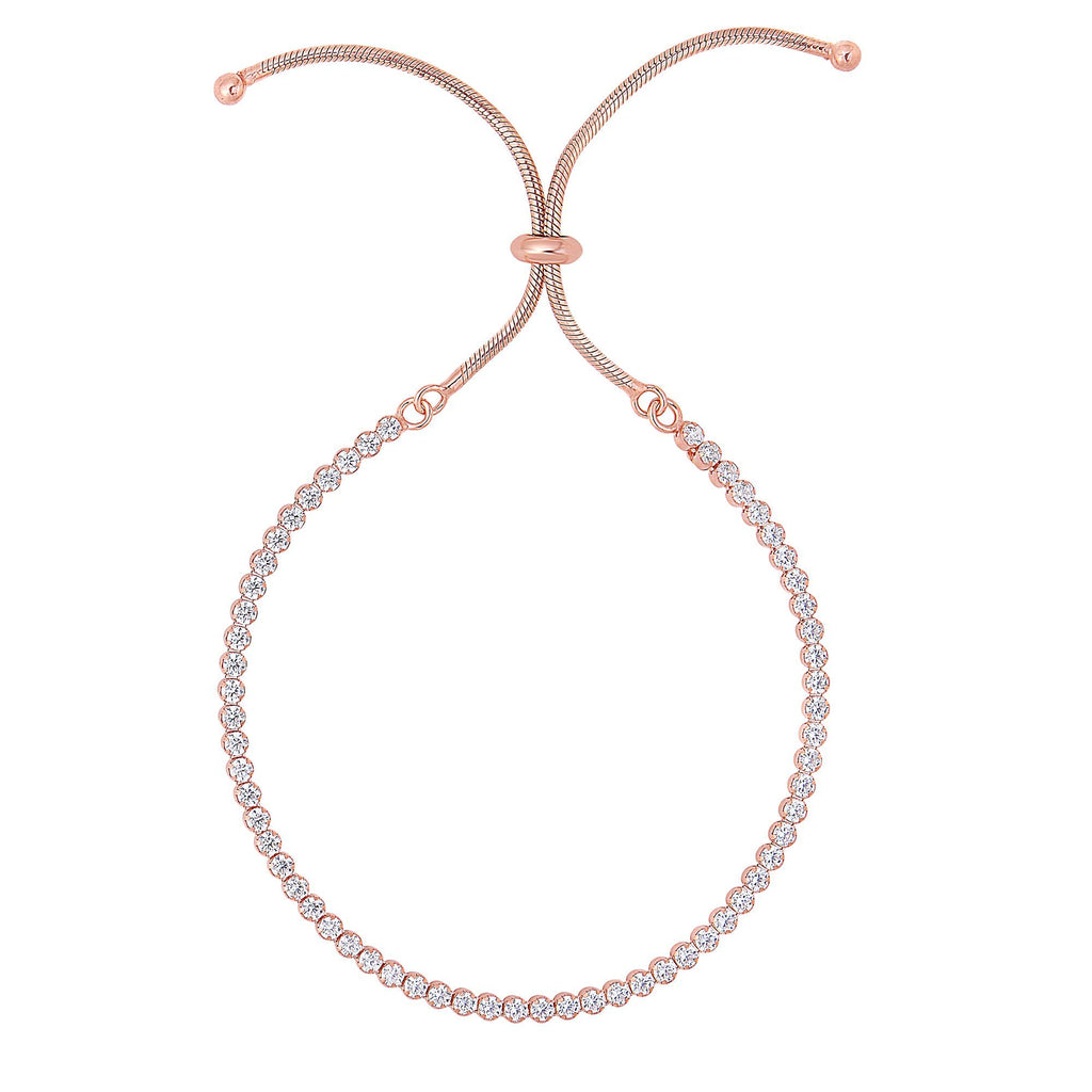 Silver 9.25 inches Rose Finish 1.75mm Shiny Tennis Bracelet on 1.5mm Snake Chain with Draw String Clasp
