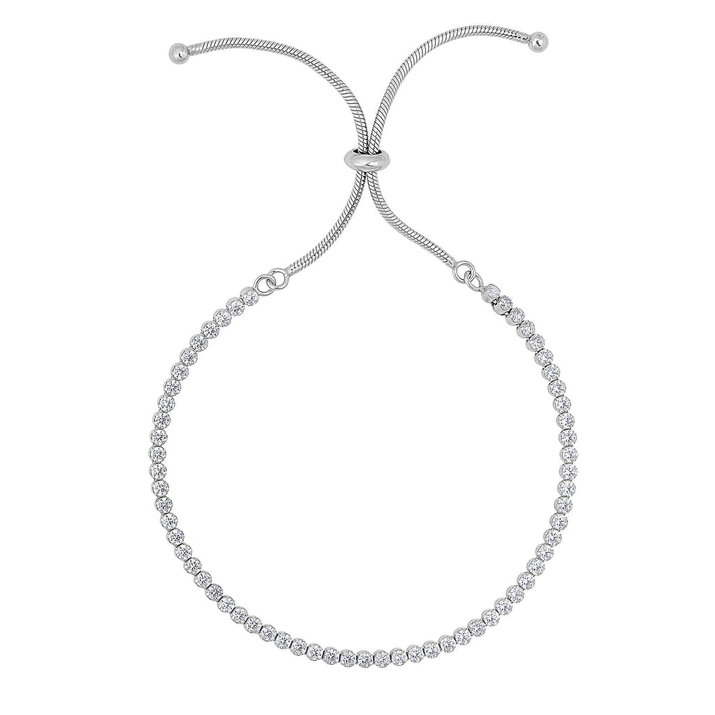 Silver 9.25 inches Rhodium Finish 1.75mm Shiny Tennis Bracelet on 1.5mm Snake Chain with Draw String Clasp