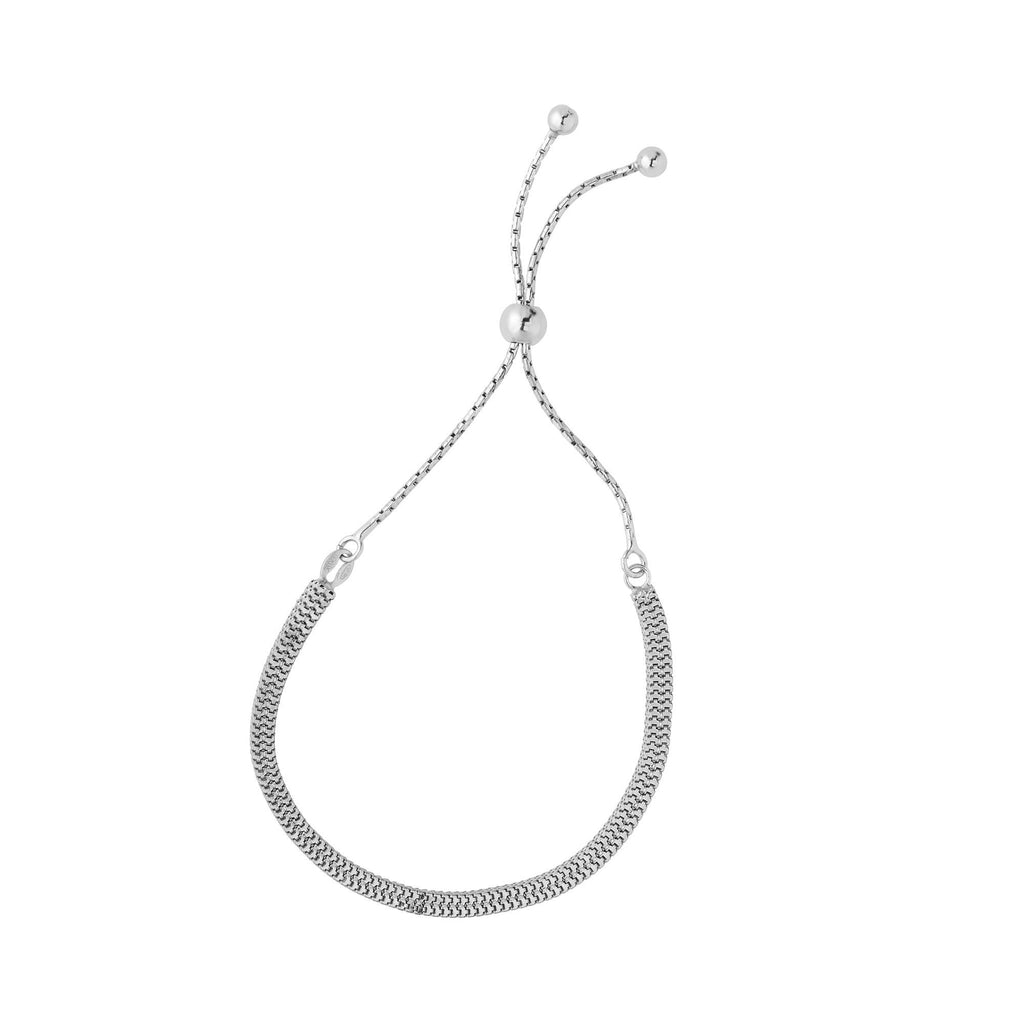 Silver 9.25 inches with Rhodium Finish 1mm Textured Cordet te with 5 inches 4mm Square Box Type Center Element Bracelet with Draw String Clasp