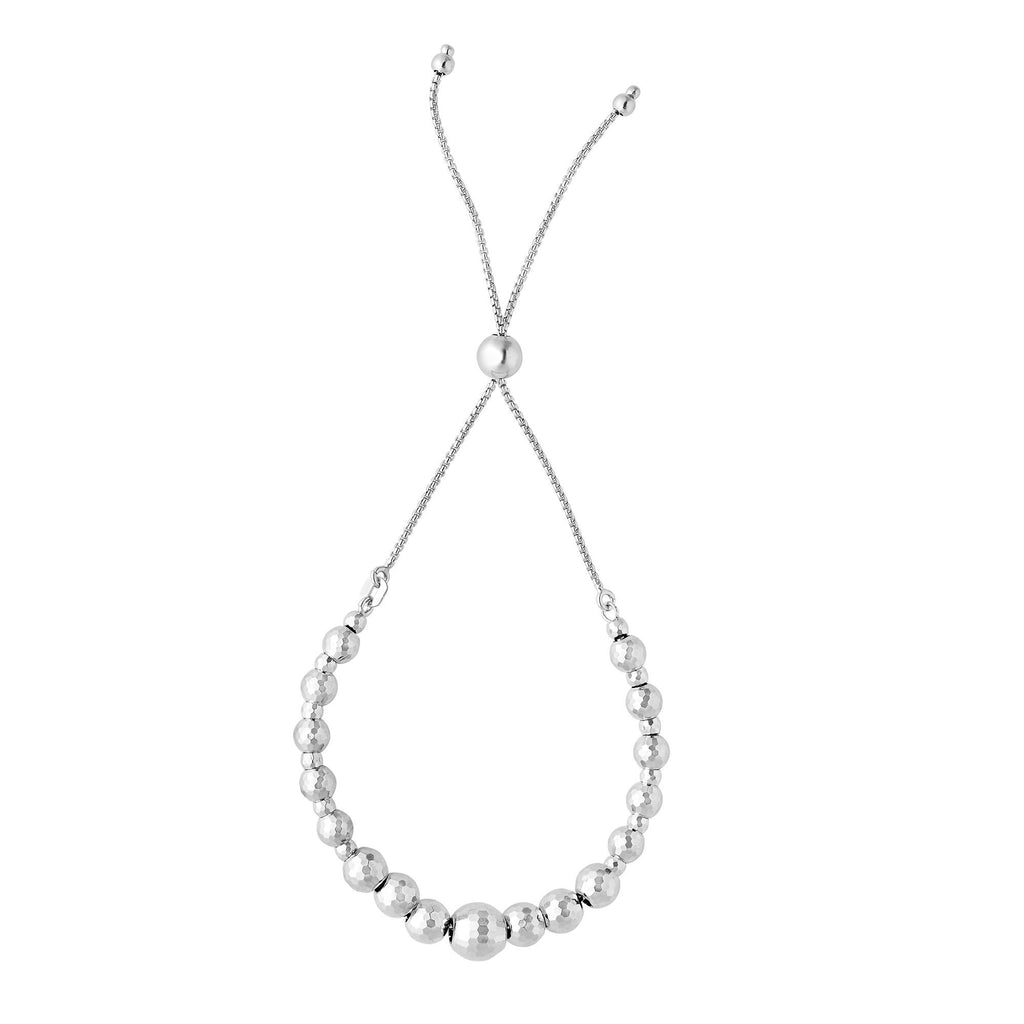 Silver 9.25 inches with Rhodium Finish 1mm Shiny Octagon Box Bracelet with 3-7mm Disco Ball Graduated 4.5 inches Center Element with Draw String Clasp