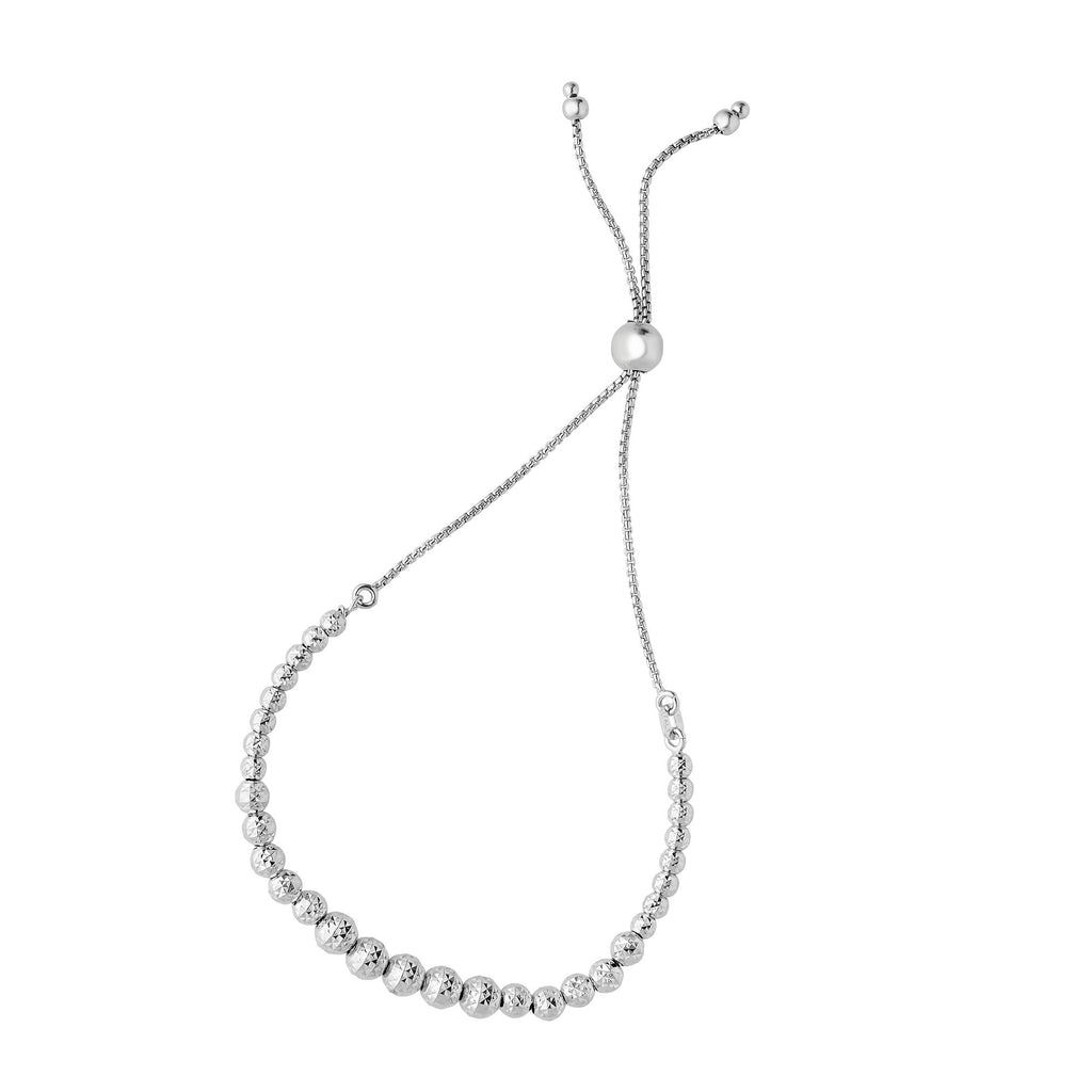 Silver 9.25 inches with Rhodium Finish 1mm Shiny Octagon Box Bracelet with 1.5-3mm Diamond Cut Bead Graduated 4 inches Center Element with Draw String Clasp