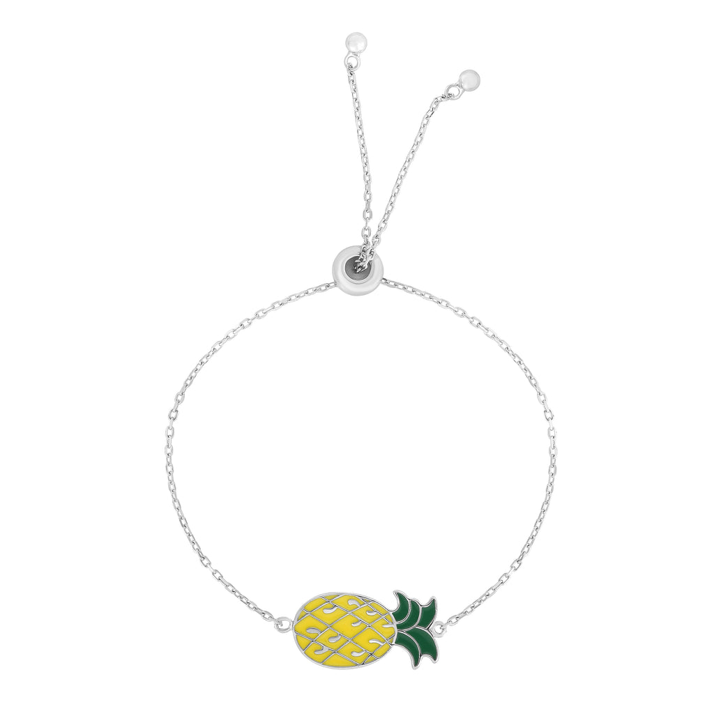Silver 9.25 inches with Rhodium Finish 11x24mm(CE),1.1mm(Ch) Diamond Cut Adjustable Pine Apple Bracelet with Draw String Clasp