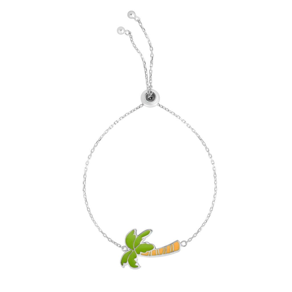 Silver 9.25 inches with Rhodium Finish 15.5x26.3mm(CE),1.1mm(Ch) Diamond Cut Adjustable Palm Tree Bracelet with Draw String Clasp