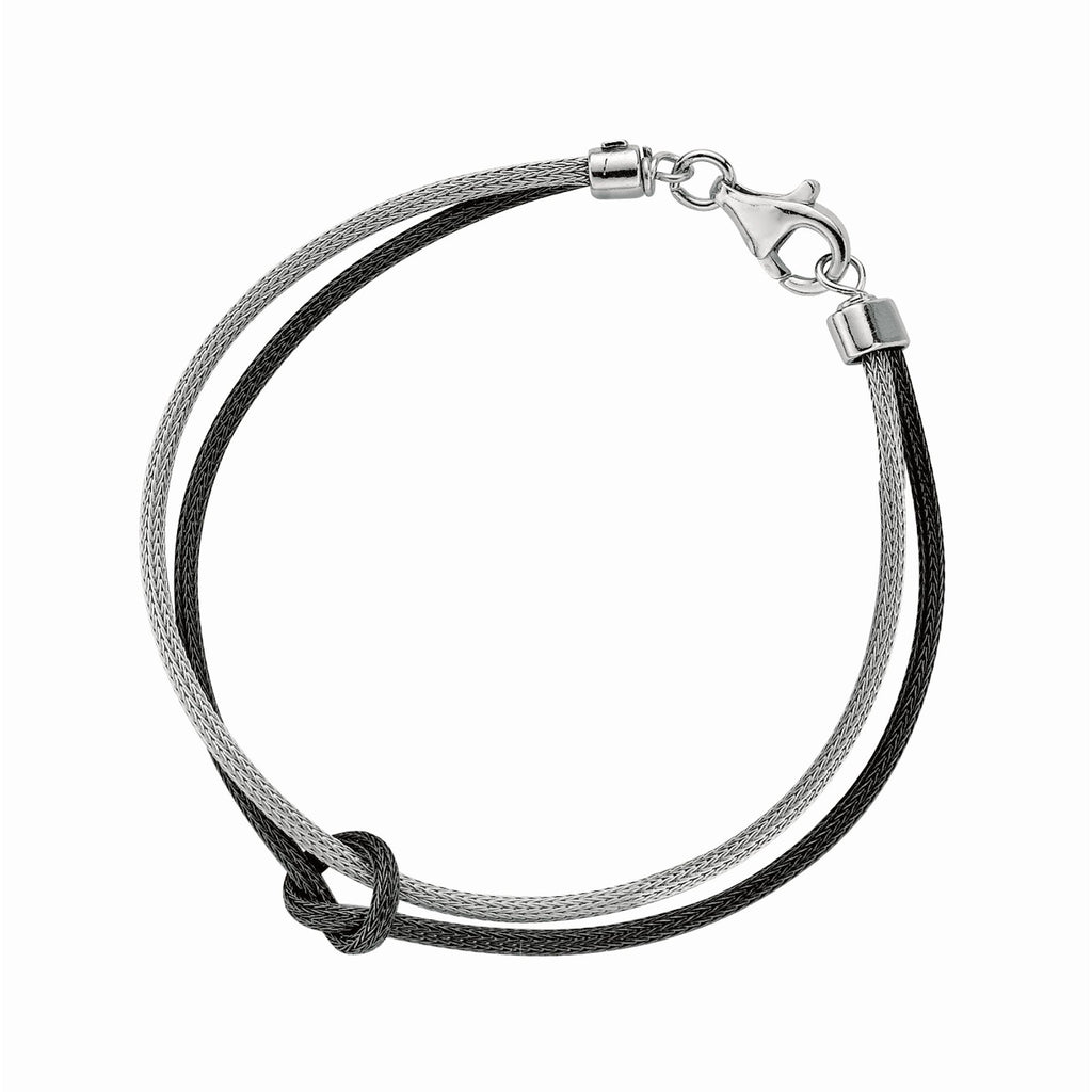 Silver 7.5 inches with Rhodium+Ruthenium Finish Double Strand 2-Tone Wheat Bracelet+Loop with Pear Shape Clasp