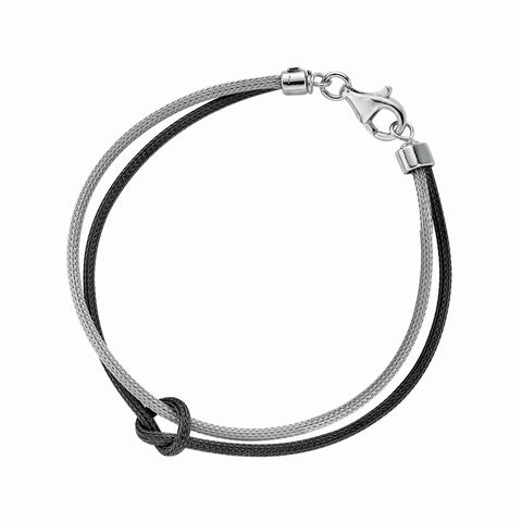 Silver 7.5 inches with Rhodium+Ruthenium Finish Double Strand 2-Tone Wheat Bracelet+Loop with Pear Shape Clasp