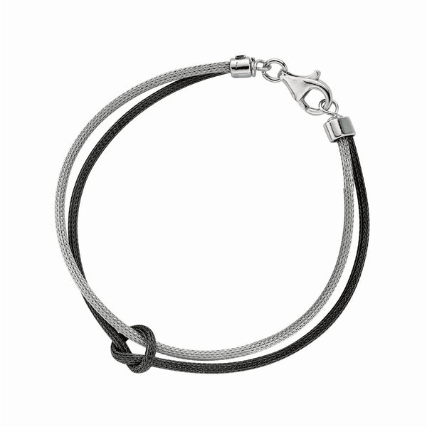 Silver 7.5 inches with Rhodium+Ruthenium Finish Double Strand 2-Tone Wheat Bracelet+Loop with Pear Shape Clasp