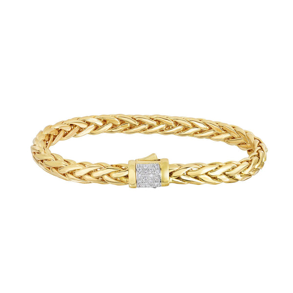 14kt 7.5 inches Yellow Gold Shiny Finish Fancy Woven Braided Bracelet with Box Clasp+0.18ct. Diamond