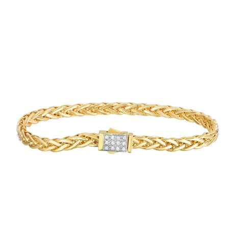 14kt 7.5 inches Yellow Gold Shiny Finish Fancy Woven Braided Bracelet with Box Clasp+Diamond