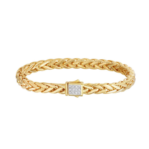 14kt 7.5 inches Yellow Gold Shiny Fancy Flat Weaved Braided Bracelet with Box Clasp+0.12ct. Diamond
