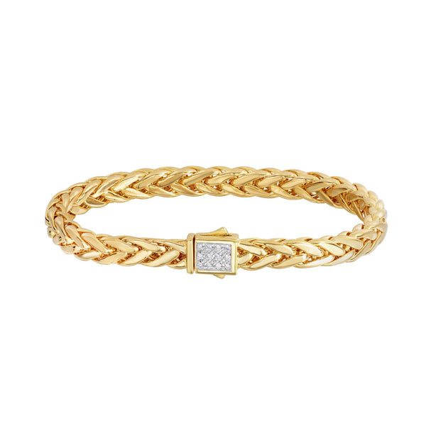 14kt 7.5 inches Yellow Gold Shiny Fancy Flat Weaved Braided Bracelet with Box Clasp+0.12ct. Diamond