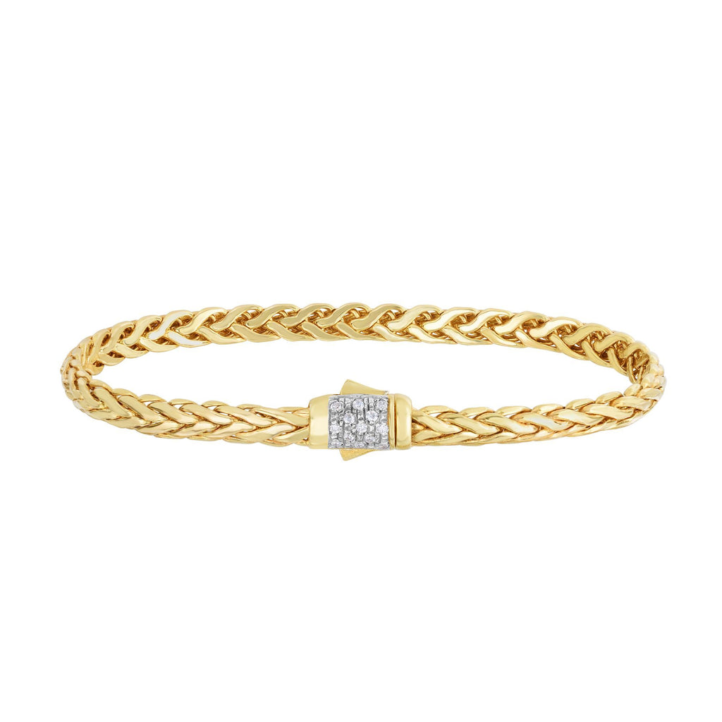 14kt 7.5 inches Yellow Gold Shiny Finish Fancy Woven Braided Bracelet with Box Clasp+0.13ct. Diamond