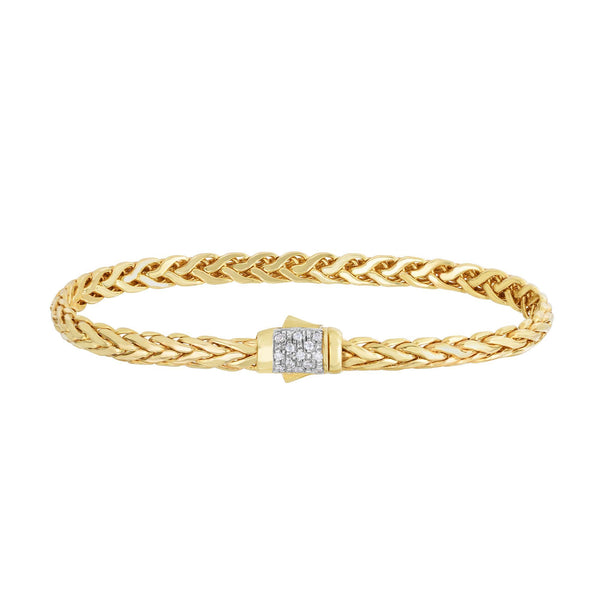 14kt 7.5 inches Yellow Gold Shiny Finish Fancy Woven Braided Bracelet with Box Clasp+0.13ct. Diamond