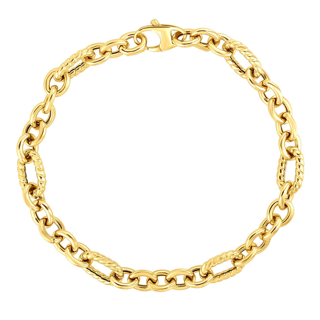 14kt Gold 7.5 inches Yellow Finish 6.6mm Shiny+Textured Oval Fancy Bracelet with Lobster Clasp