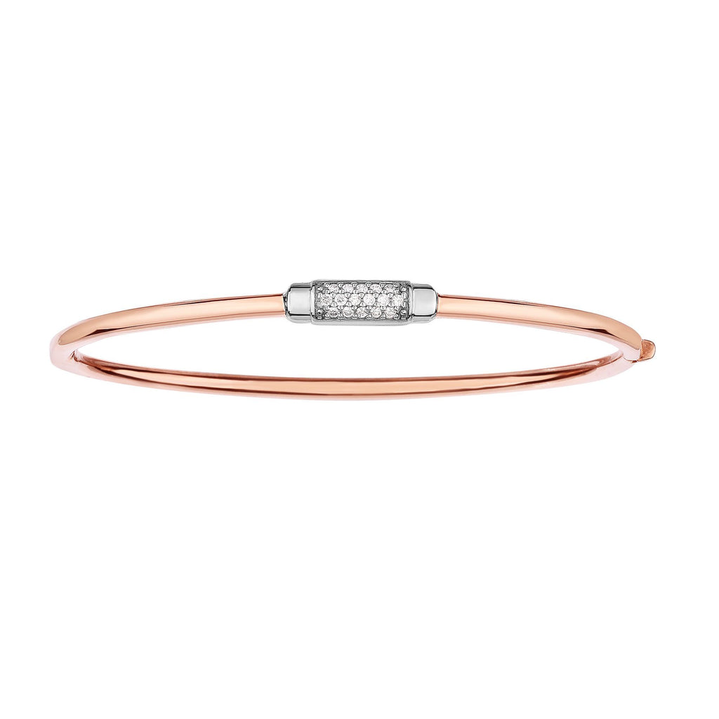 14kt 7 inches Rose+White Gold Shiny Domed Bangle with Center Element with 0.14ct. Diamond with Box Clasp