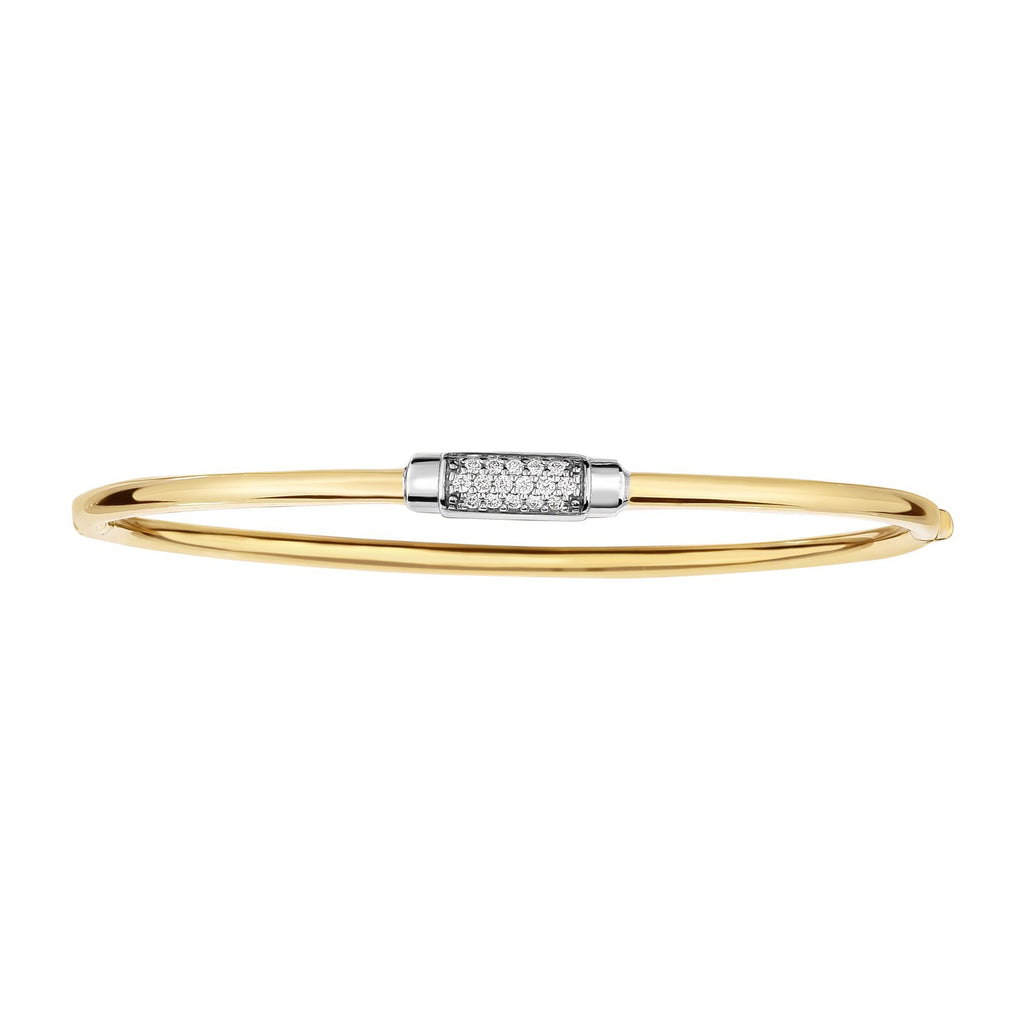 14kt 7 inches Yellow+White Gold Shiny Domed Bangle with Center Element with 0.14ct. Diamond with Box Clasp