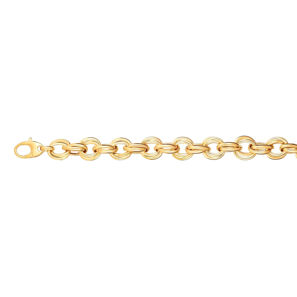 14kt 8 inches Yellow Gold 11.8mm Shiny Alternate Oval+Ro und Double Link Fancy Bracelet with Lobster Clasp