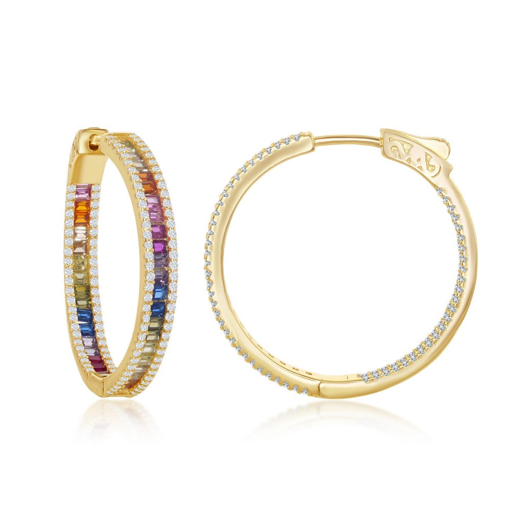 Sterling Silver 4x30mm Center Channel Set Rainbow and White CZ Border Hoop Earrings - Gold Plated