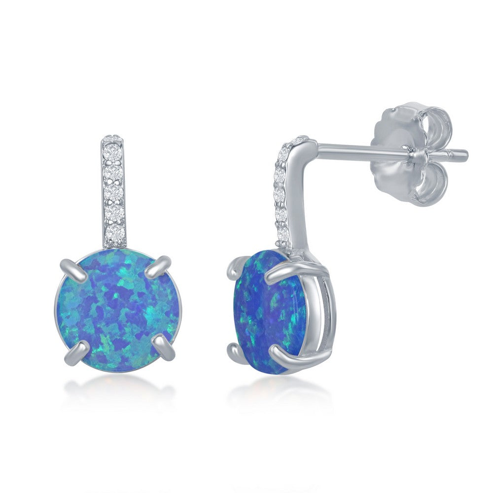 Sterling Silver CZ Bar Prong Round Blue Opal Earrings