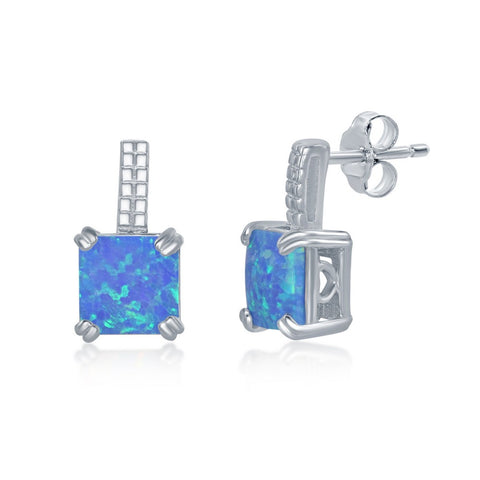 Sterling Silver Beaded Bar Prong Square Blue Opal Earrings
