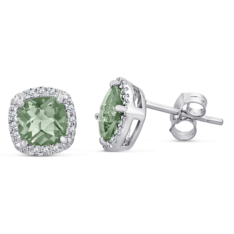 Sterling Silver Earrings with Green Amethyst and Diamond