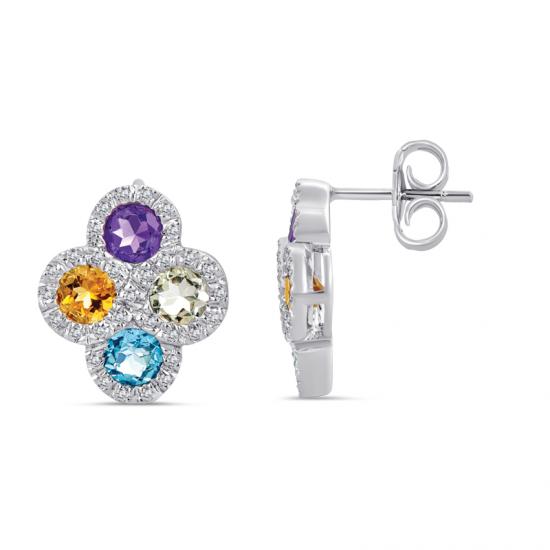 Sterling Silver Earrings with Multi Color Stones and Diamonds