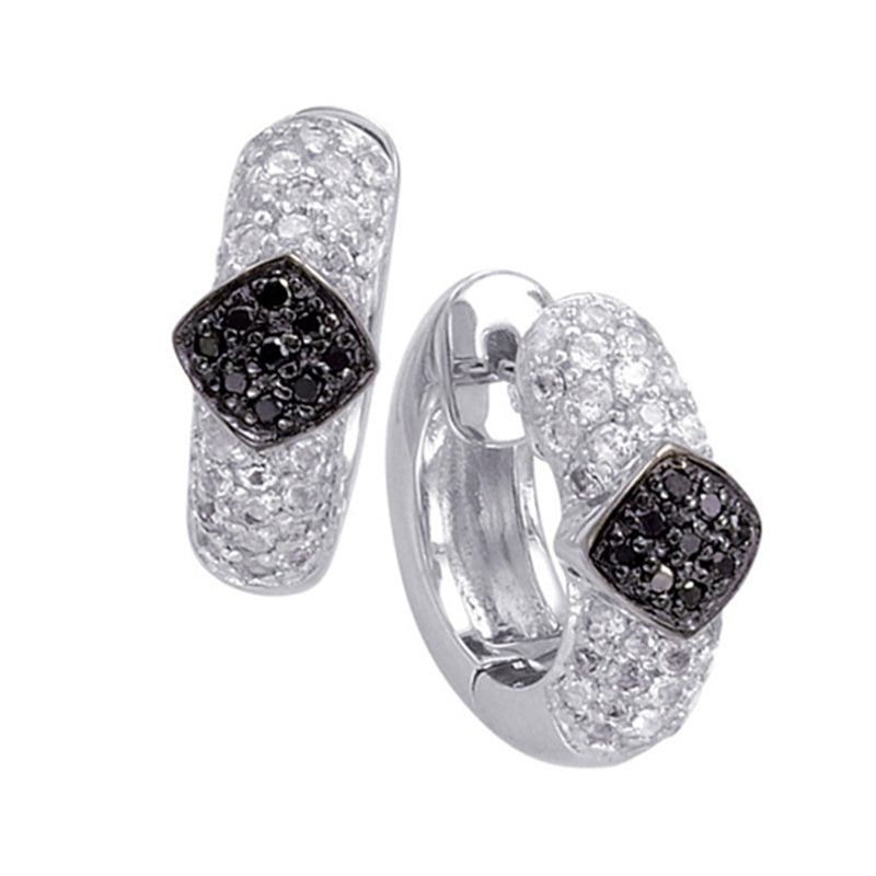 Sterling Silver Hoop Earrings with Black Diamonds and White Topaz