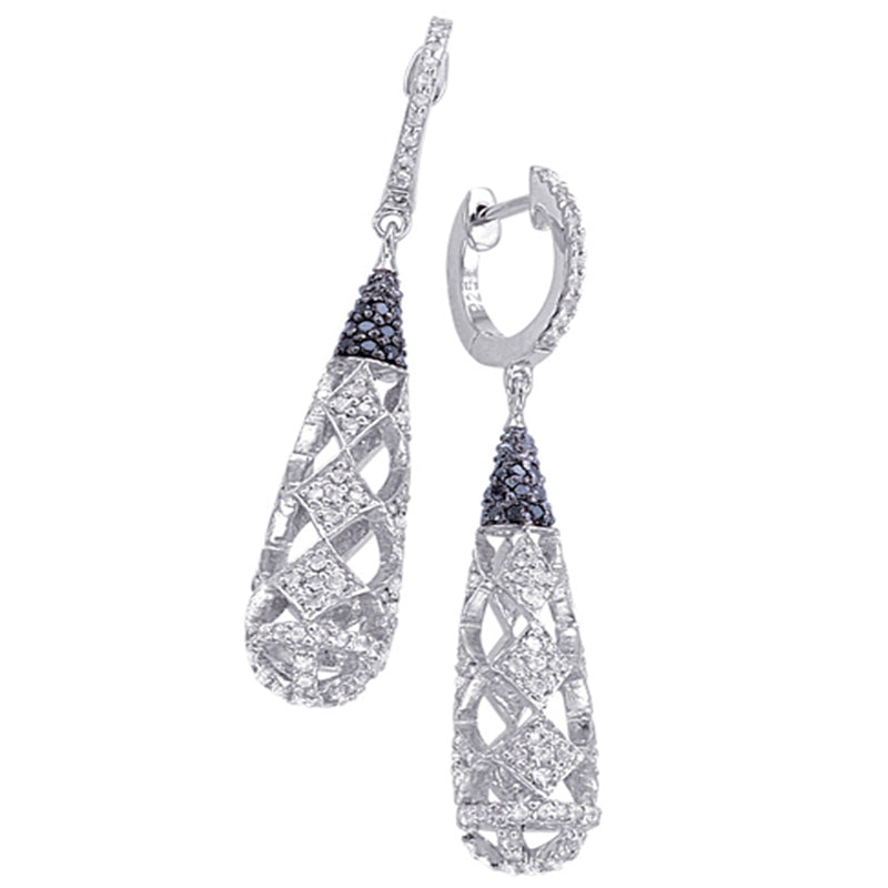 Sterling Silver Dangling Earrings with Black Diamond and White Topaz