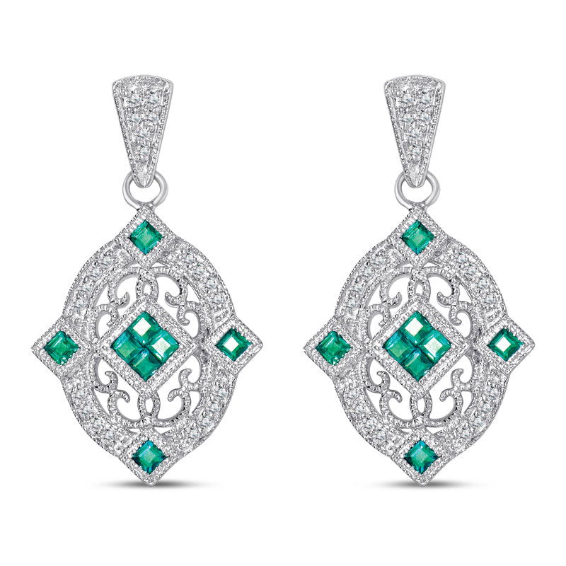 Sterling Silver Hanging Earrings with Emerald and Diamond