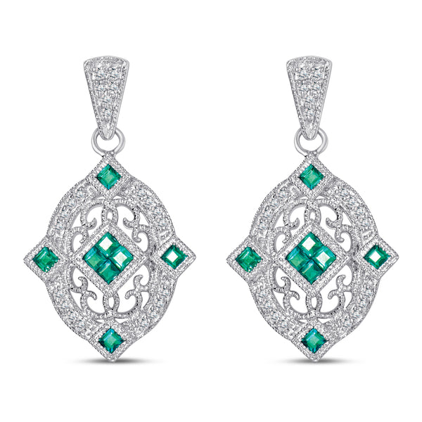 Sterling Silver Hanging Earrings with Emerald and Diamond