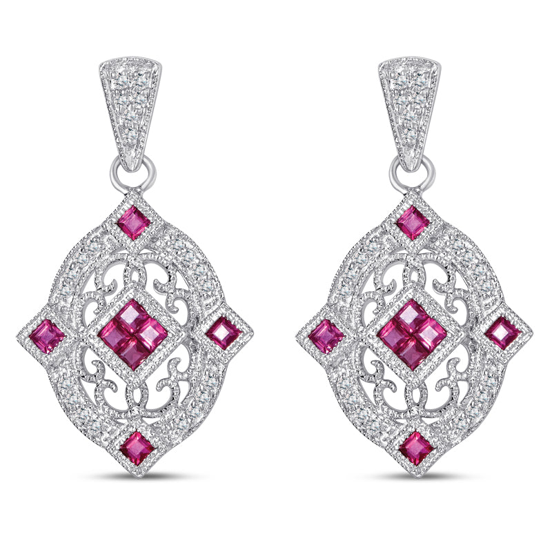 Sterling Silver Vintage Style Earrings with Ruby and Diamond