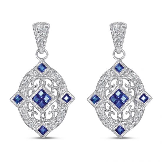 Sterling Silver Vintage Style Earrings with Sapphire and Diamond
