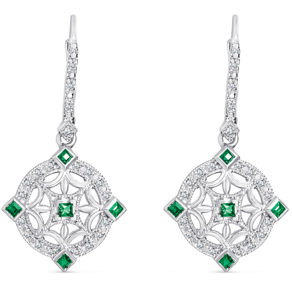Sterling Silver Vintage Style Earrings with Emerald and Diamond