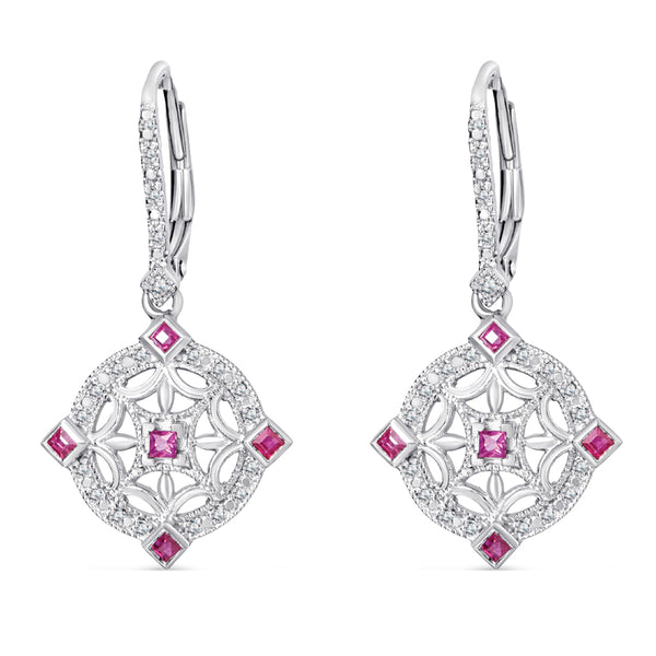 Sterling Silver Vintage Style Earrings with Ruby and Diamond