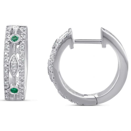 Sterling Silver Huggie Earring with Emerald and Diamond