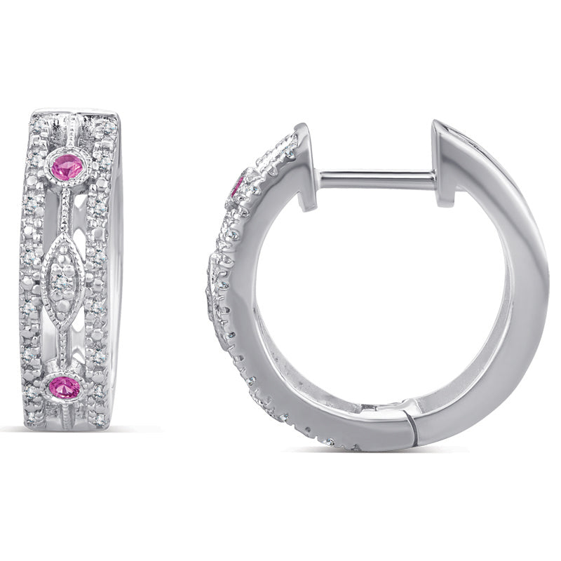 Sterling Silver Huggie Earrings with Ruby and Diamond
