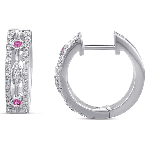 Sterling Silver Huggie Earrings with Ruby and Diamond