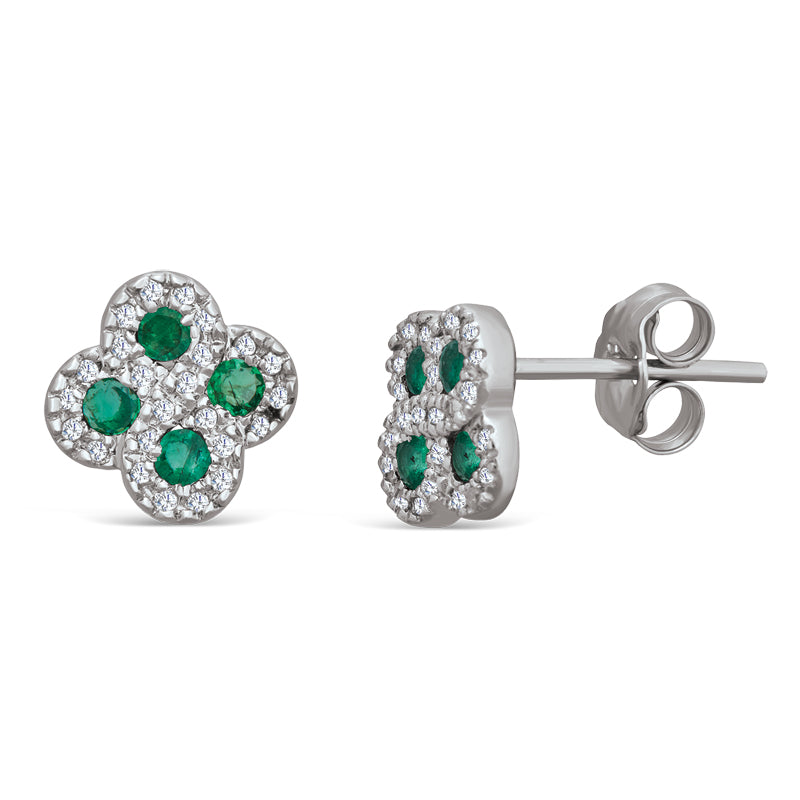 Sterling Silver Stud Earrings with Emerald and Diamond