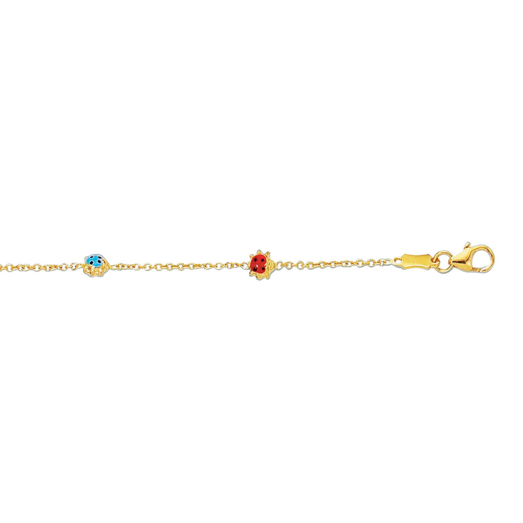 14kt 5-5.5 inches Yellow Gold Shiny Cable Link Chain+3 Station Lady Bug Adjustable Bracelet with Pear Shape Clasp