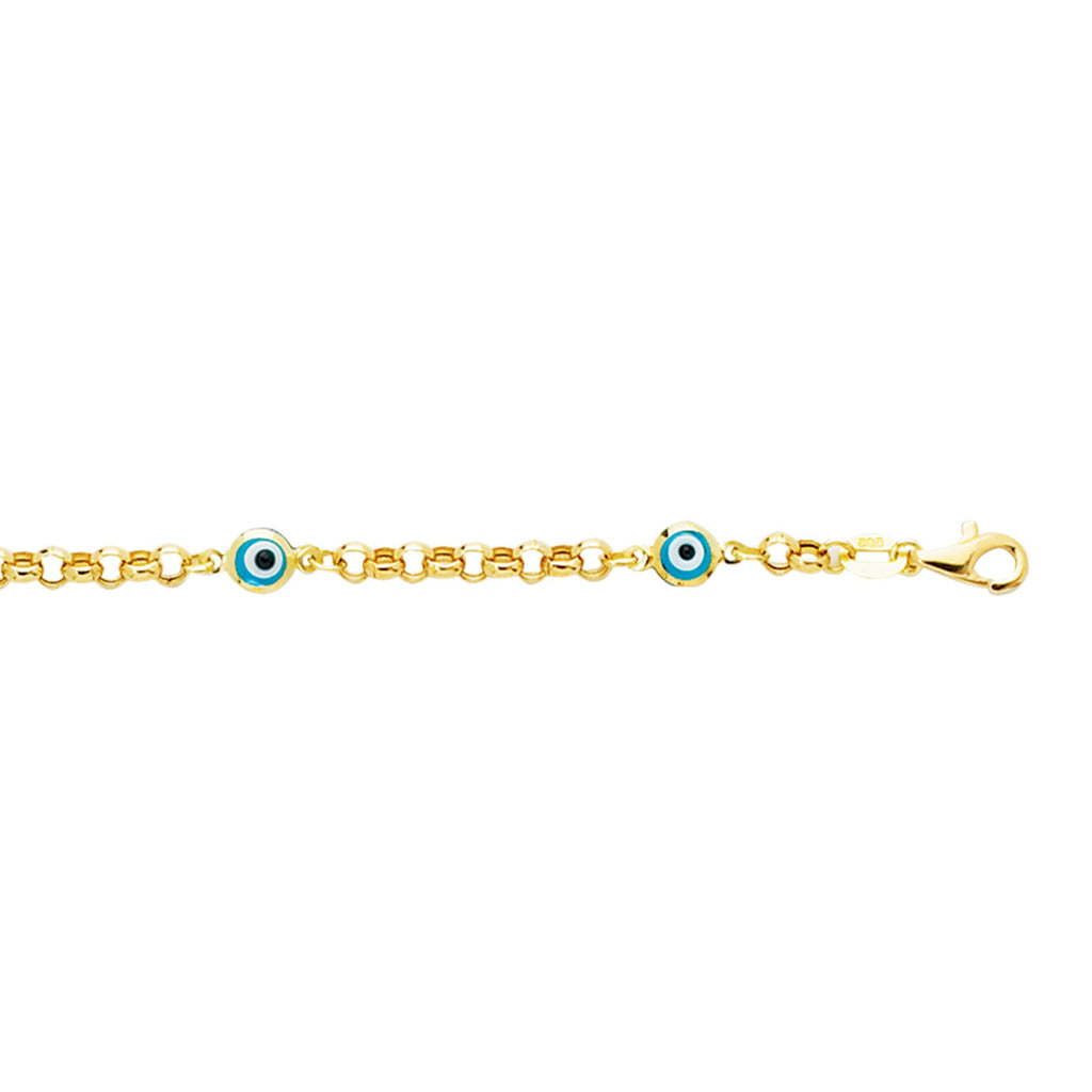 14kt 5.5 inches Yellow Gold Shiny Rolo Link Chain+Station Evil Eye Bracelet with Pear Shape Clasp