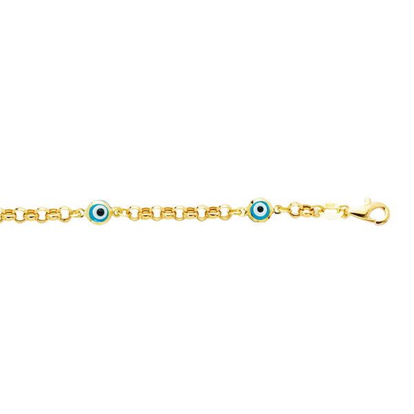 14kt 5.5 inches Yellow Gold Shiny Rolo Link Chain+Station Evil Eye Bracelet with Pear Shape Clasp